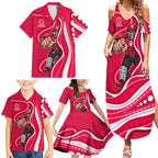 Melbourne Renegades Family Matching Summer Maxi Dress and Hawaiian Shirt Aboriginal Dot Art Red White - Tribal Wave Pattern