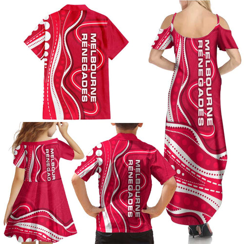 Melbourne Renegades Family Matching Summer Maxi Dress and Hawaiian Shirt Aboriginal Dot Art Red White - Tribal Wave Pattern