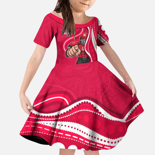 Melbourne Renegades Kid Short Sleeve Dress Aboriginal Dot Art Red White - Tribal Wave Pattern