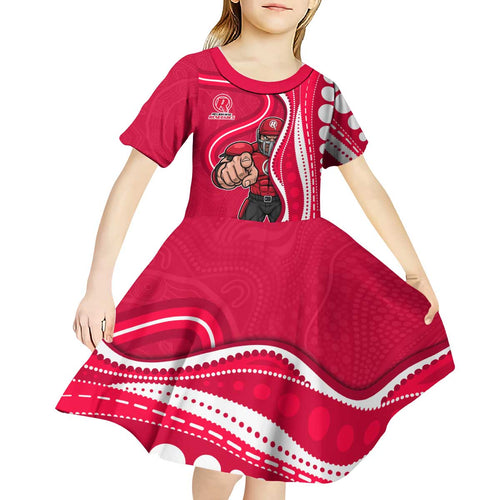 Melbourne Renegades Kid Short Sleeve Dress Aboriginal Dot Art Red White - Tribal Wave Pattern