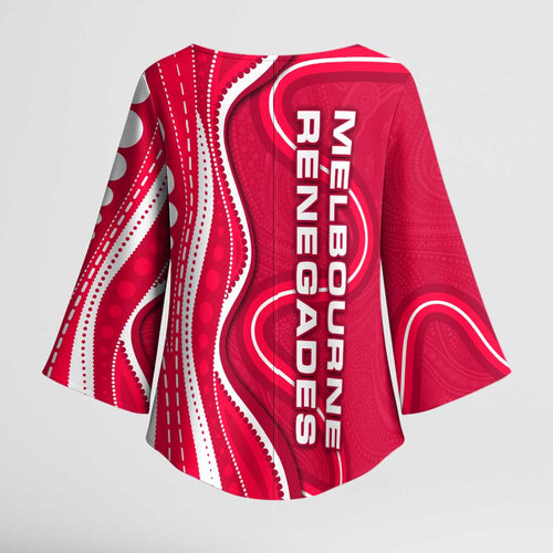 Melbourne Renegades Kimono Sleeve Blouse Aboriginal Dot Art Red White - Tribal Wave Pattern