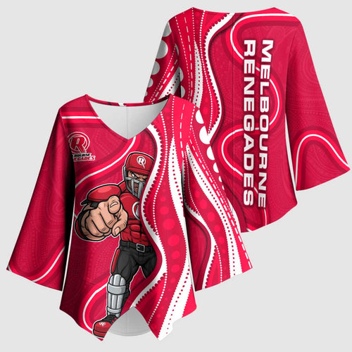 Melbourne Renegades Kimono Sleeve Blouse Aboriginal Dot Art Red White - Tribal Wave Pattern