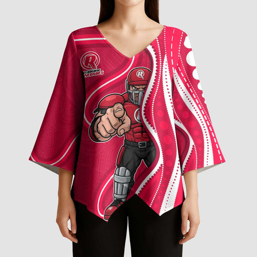 Melbourne Renegades Kimono Sleeve Blouse Aboriginal Dot Art Red White - Tribal Wave Pattern