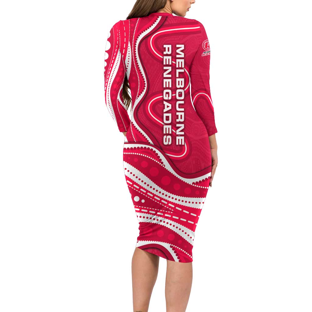 Melbourne Renegades Long Sleeve Bodycon Dress Aboriginal Dot Art Red White - Tribal Wave Pattern
