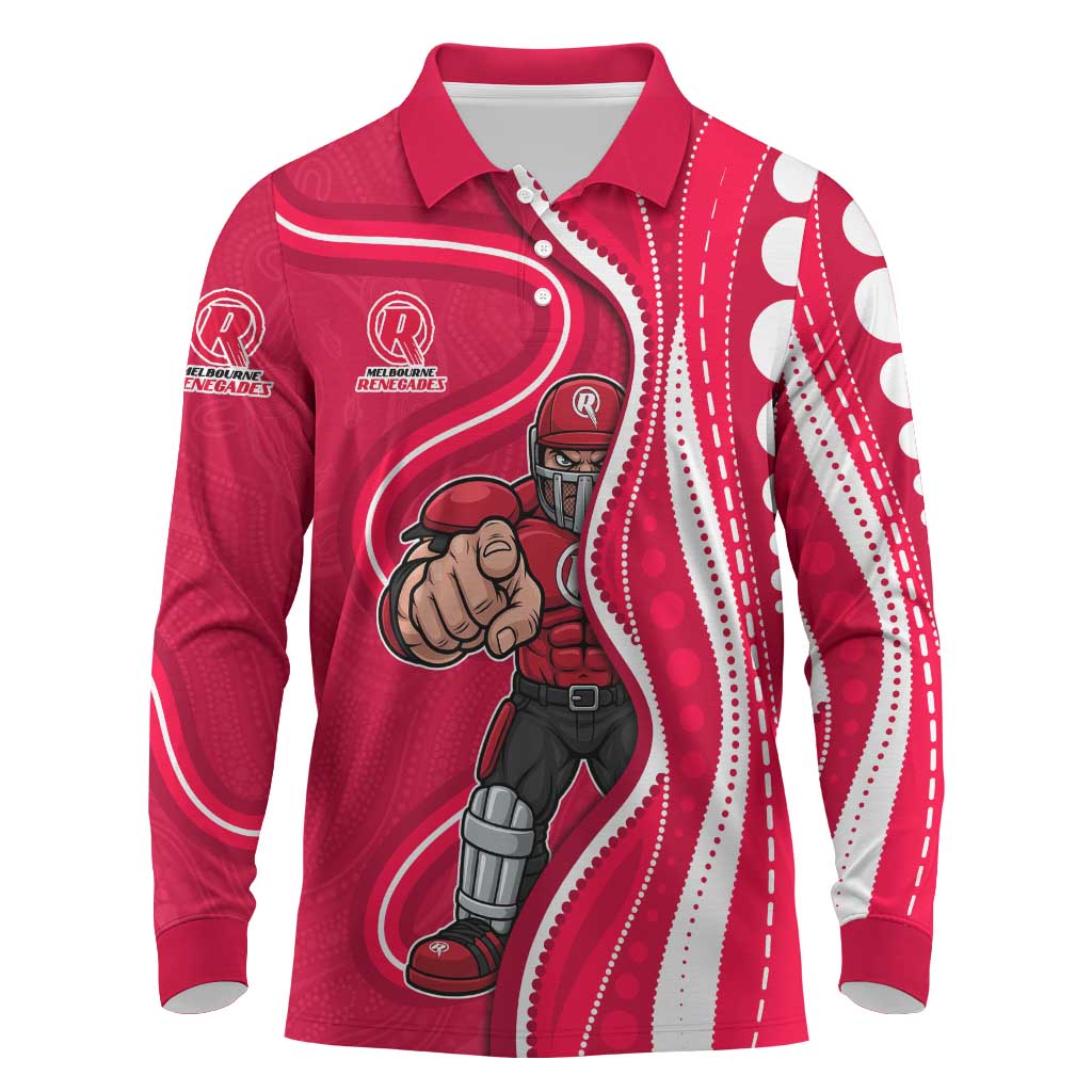 Melbourne Renegades Long Sleeve Polo Shirt Aboriginal Dot Art Red White - Tribal Wave Pattern