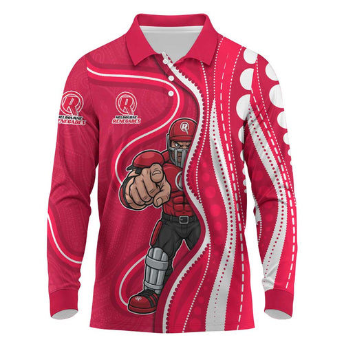 Melbourne Renegades Long Sleeve Polo Shirt Aboriginal Dot Art Red White - Tribal Wave Pattern