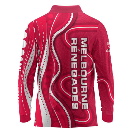 Melbourne Renegades Long Sleeve Polo Shirt Aboriginal Dot Art Red White - Tribal Wave Pattern