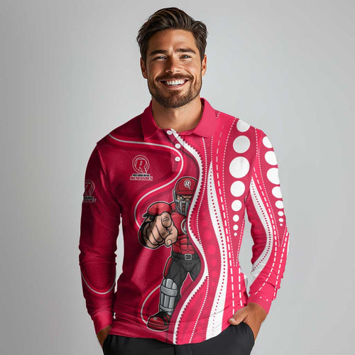 Melbourne Renegades Long Sleeve Polo Shirt Aboriginal Dot Art Red White - Tribal Wave Pattern