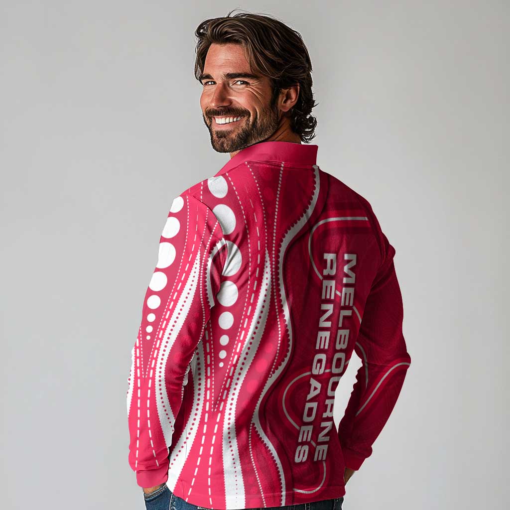 Melbourne Renegades Long Sleeve Polo Shirt Aboriginal Dot Art Red White - Tribal Wave Pattern