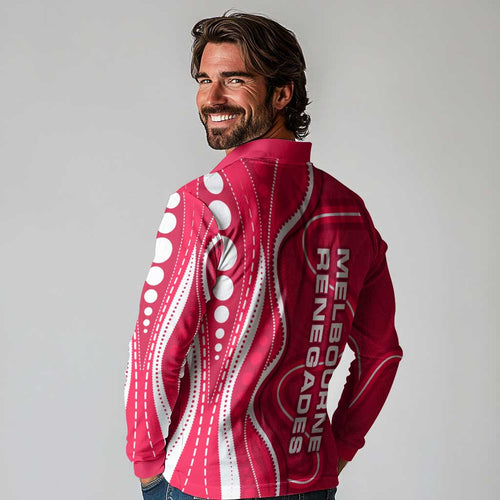 Melbourne Renegades Long Sleeve Polo Shirt Aboriginal Dot Art Red White - Tribal Wave Pattern