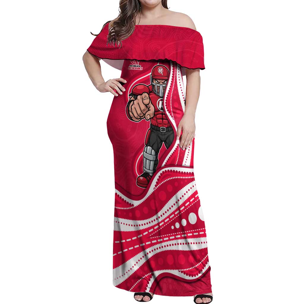 Melbourne Renegades Off Shoulder Maxi Dress Aboriginal Dot Art Red White - Tribal Wave Pattern
