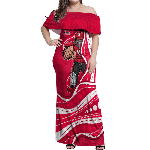Melbourne Renegades Off Shoulder Maxi Dress Aboriginal Dot Art Red White - Tribal Wave Pattern