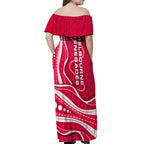 Melbourne Renegades Off Shoulder Maxi Dress Aboriginal Dot Art Red White - Tribal Wave Pattern