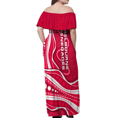 Melbourne Renegades Off Shoulder Maxi Dress Aboriginal Dot Art Red White - Tribal Wave Pattern