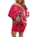 Melbourne Renegades Off Shoulder Short Dress Aboriginal Dot Art Red White - Tribal Wave Pattern