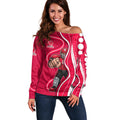Melbourne Renegades Off Shoulder Sweater Aboriginal Dot Art Red White - Tribal Wave Pattern