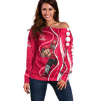 Melbourne Renegades Off Shoulder Sweater Aboriginal Dot Art Red White - Tribal Wave Pattern