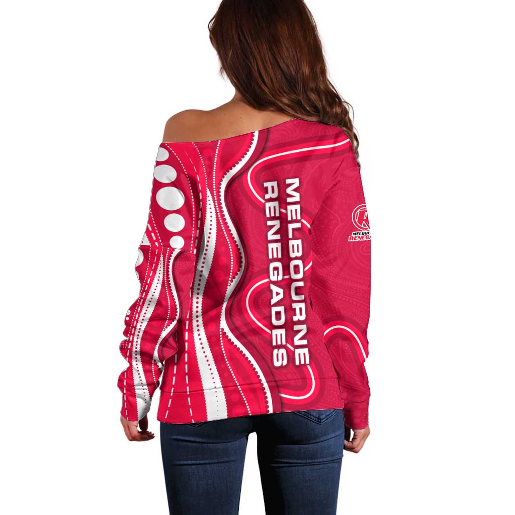 Melbourne Renegades Off Shoulder Sweater Aboriginal Dot Art Red White - Tribal Wave Pattern