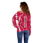 Melbourne Renegades Off Shoulder Sweater Aboriginal Dot Art Red White - Tribal Wave Pattern