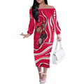Melbourne Renegades Off The Shoulder Long Sleeve Dress Aboriginal Dot Art Red White - Tribal Wave Pattern