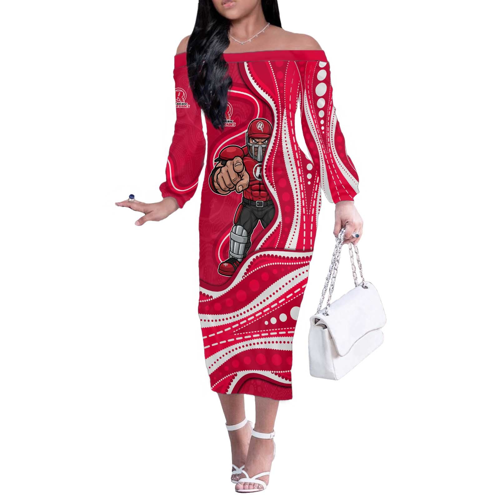 Melbourne Renegades Off The Shoulder Long Sleeve Dress Aboriginal Dot Art Red White - Tribal Wave Pattern