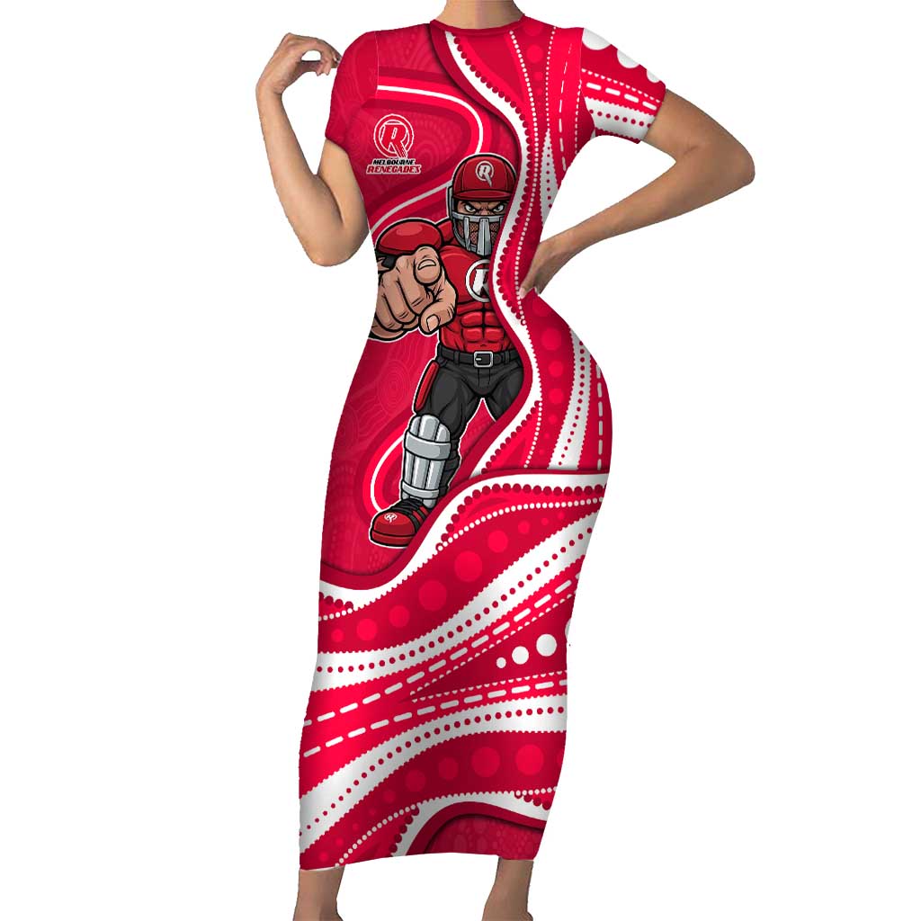 Melbourne Renegades Short Sleeve Bodycon Dress Aboriginal Dot Art Red White - Tribal Wave Pattern