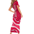 Melbourne Renegades Short Sleeve Bodycon Dress Aboriginal Dot Art Red White - Tribal Wave Pattern