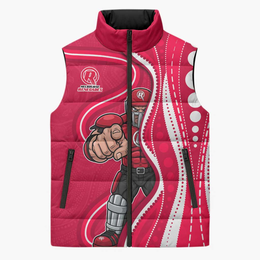 Melbourne Renegades Sleeveless Puffer Jacket Aboriginal Dot Art Red White - Tribal Wave Pattern
