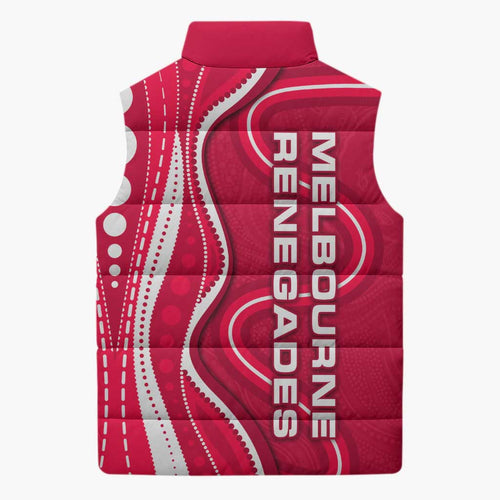 Melbourne Renegades Sleeveless Puffer Jacket Aboriginal Dot Art Red White - Tribal Wave Pattern