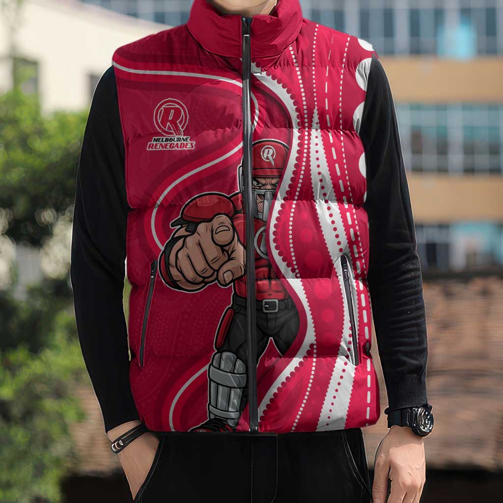 Melbourne Renegades Sleeveless Puffer Jacket Aboriginal Dot Art Red White - Tribal Wave Pattern