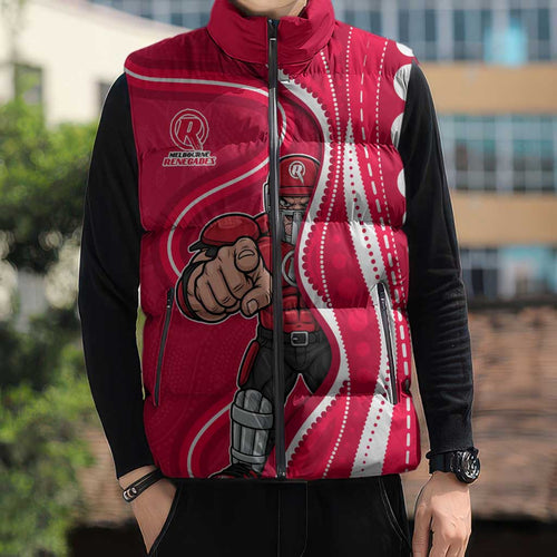 Melbourne Renegades Sleeveless Puffer Jacket Aboriginal Dot Art Red White - Tribal Wave Pattern