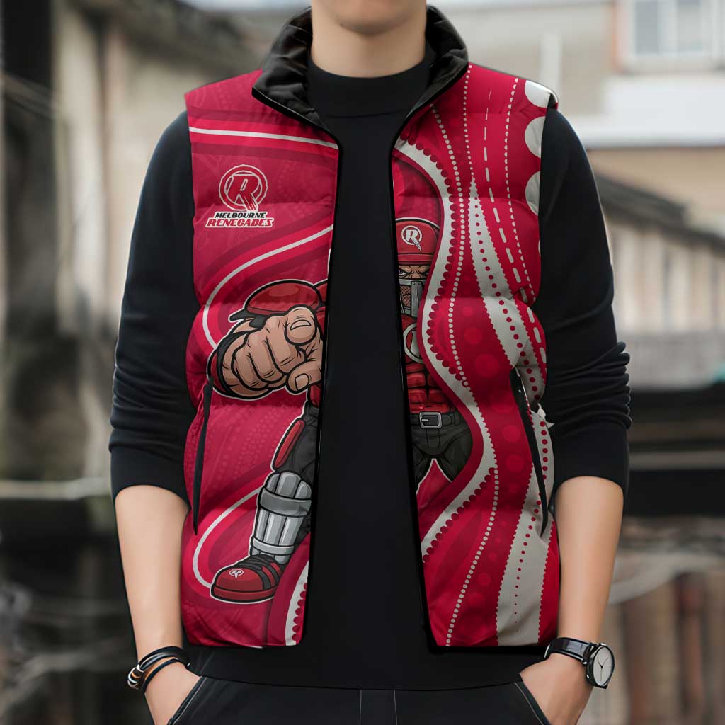 Melbourne Renegades Sleeveless Puffer Jacket Aboriginal Dot Art Red White - Tribal Wave Pattern