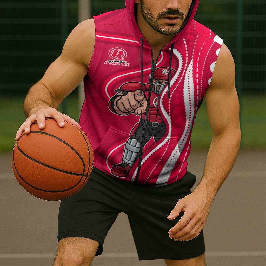 Melbourne Renegades Sleeveless Zip Hoodie Aboriginal Dot Art Red White - Tribal Wave Pattern