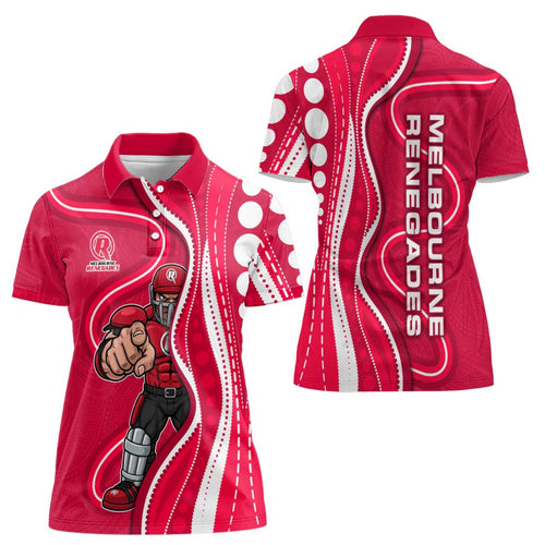 Melbourne Renegades Women Polo Shirt Aboriginal Dot Art Red White - Tribal Wave Pattern
