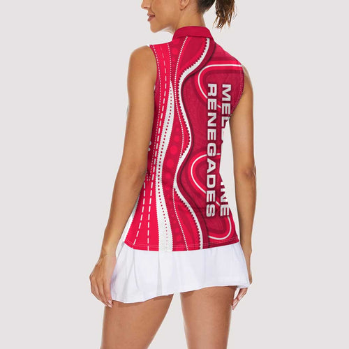 Melbourne Renegades Women Sleeveless Polo Shirt Aboriginal Dot Art Red White - Tribal Wave Pattern