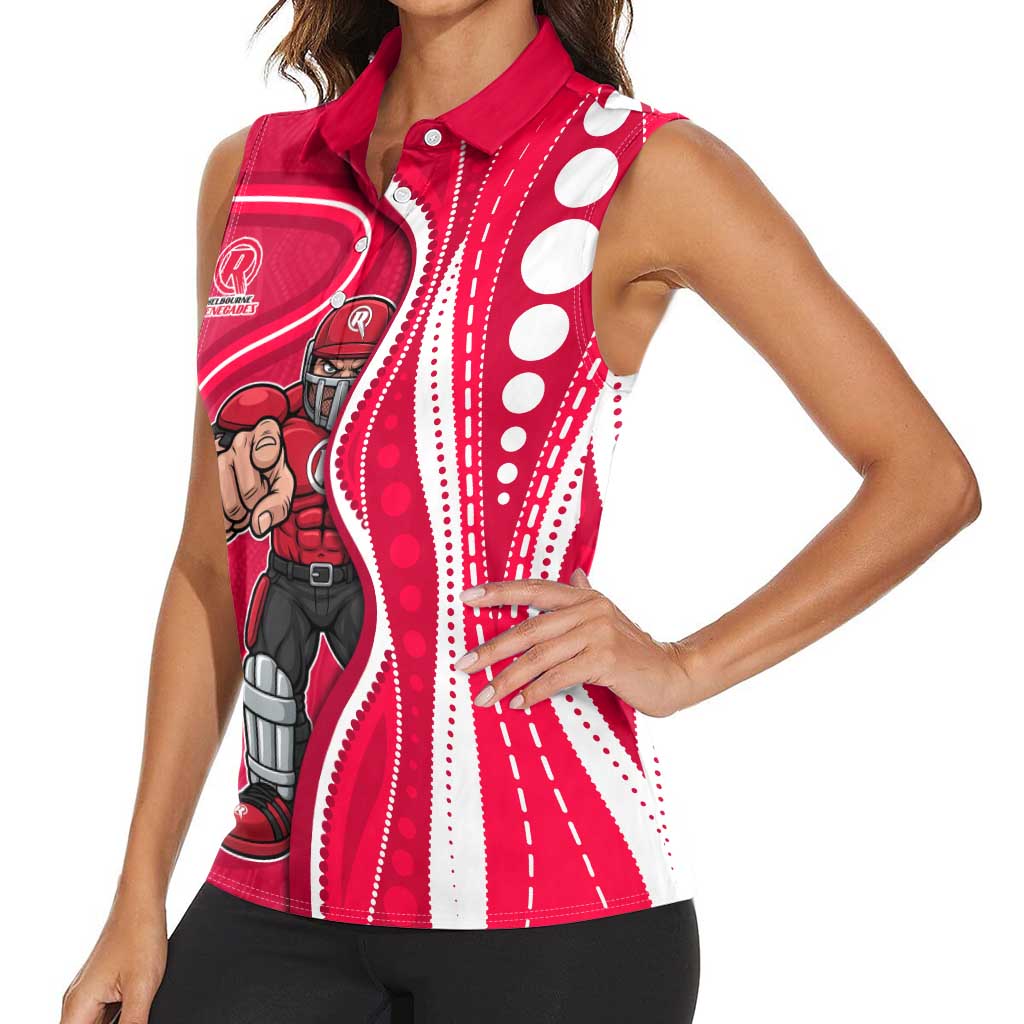 Melbourne Renegades Women Sleeveless Polo Shirt Aboriginal Dot Art Red White - Tribal Wave Pattern