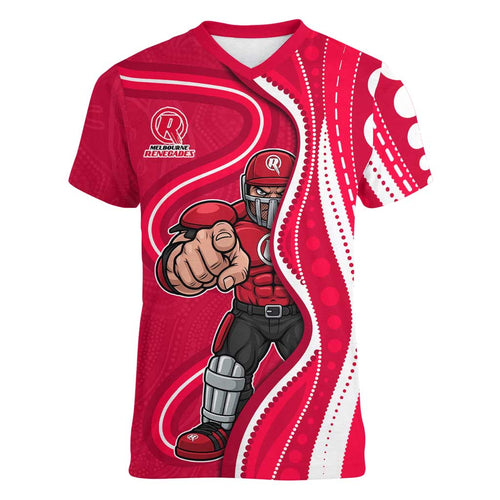 Melbourne Renegades Women V-Neck T-Shirt Aboriginal Dot Art Red White - Tribal Wave Pattern