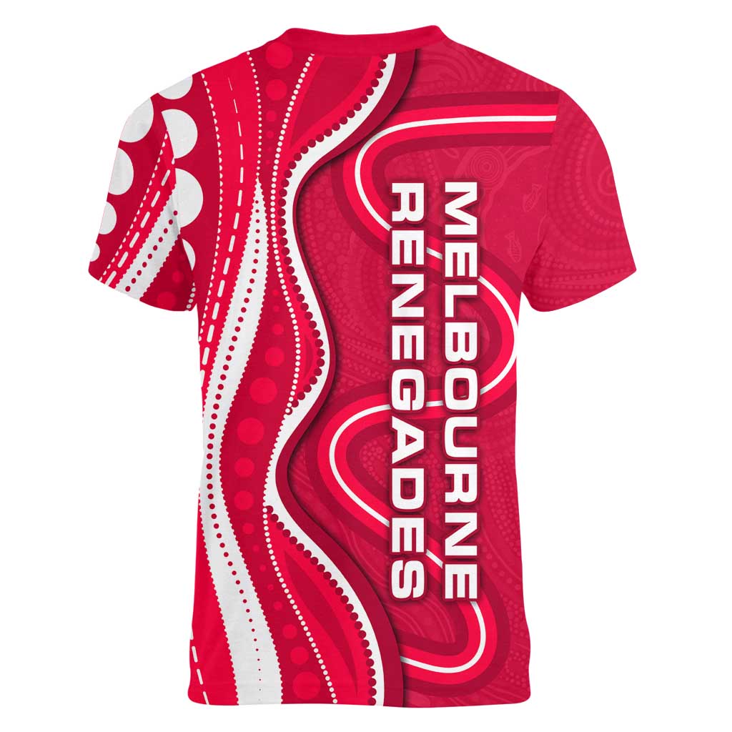 Melbourne Renegades Women V-Neck T-Shirt Aboriginal Dot Art Red White - Tribal Wave Pattern