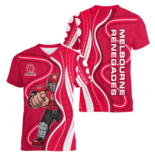 Melbourne Renegades Women V-Neck T-Shirt Aboriginal Dot Art Red White - Tribal Wave Pattern