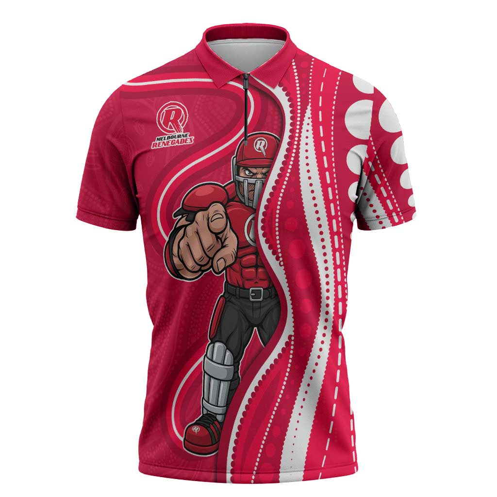 Melbourne Renegades Zipper Polo Shirt Aboriginal Dot Art Red White - Tribal Wave Pattern