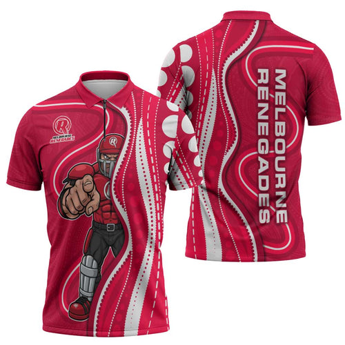 Melbourne Renegades Zipper Polo Shirt Aboriginal Dot Art Red White - Tribal Wave Pattern