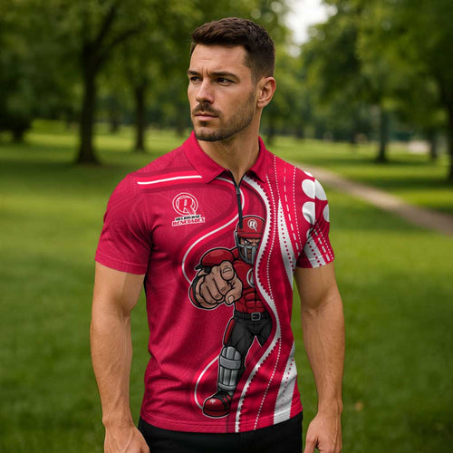Melbourne Renegades Zipper Polo Shirt Aboriginal Dot Art Red White - Tribal Wave Pattern