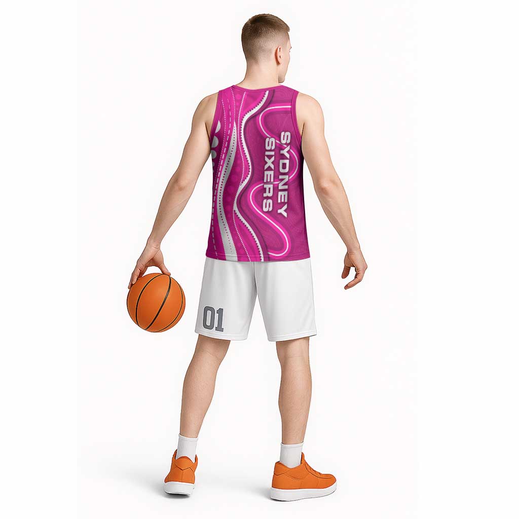 Sydney Sixers Basketball Jersey Aboriginal Dot Art Pink White - Tribal Wave Pattern