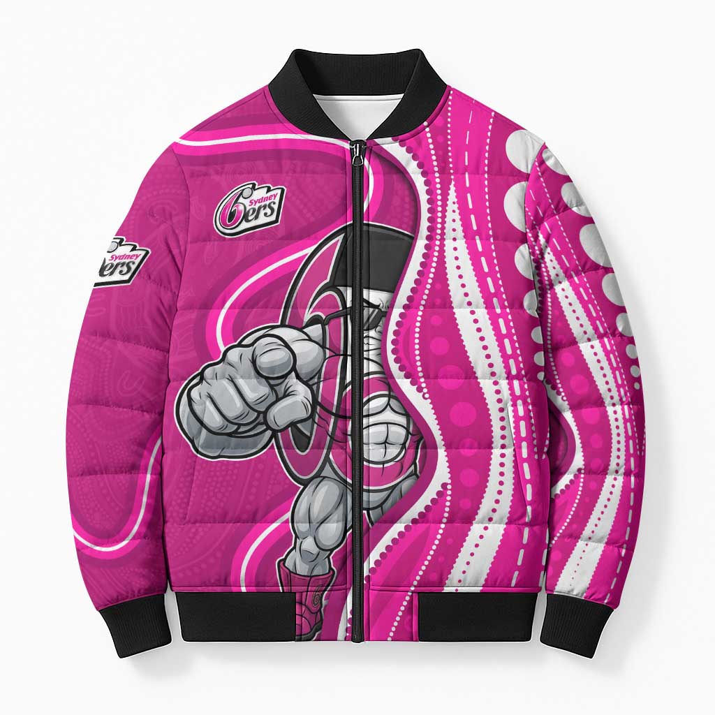 Sydney Sixers Bomber Puffer Jacket Aboriginal Dot Art Pink White - Tribal Wave Pattern