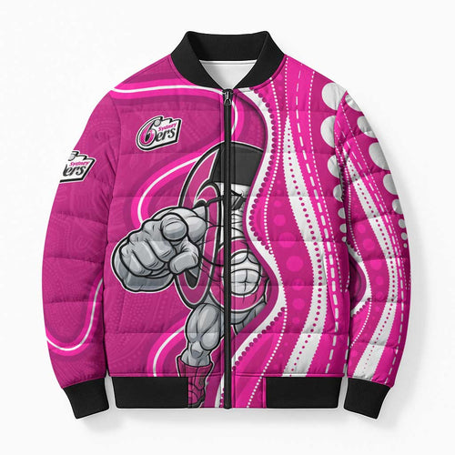 Sydney Sixers Bomber Puffer Jacket Aboriginal Dot Art Pink White - Tribal Wave Pattern