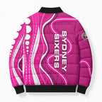Sydney Sixers Bomber Puffer Jacket Aboriginal Dot Art Pink White - Tribal Wave Pattern