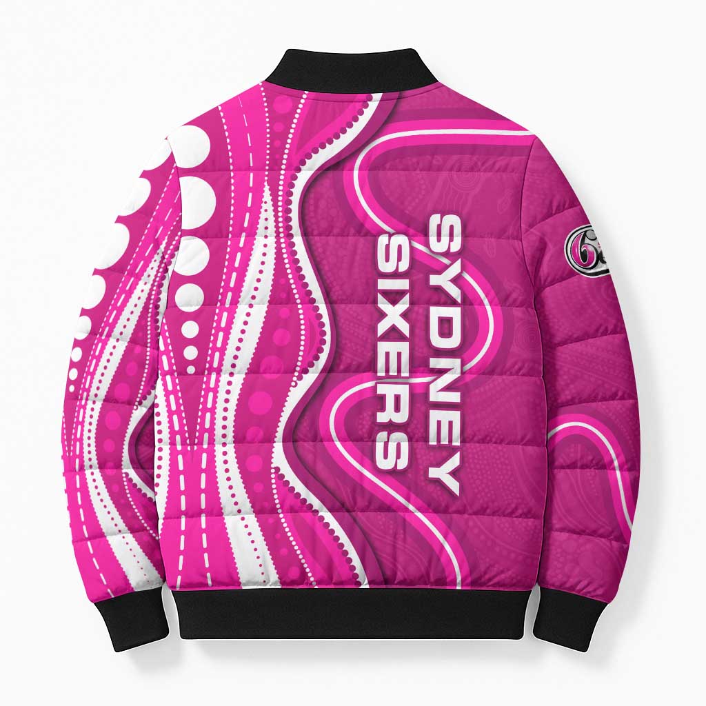 Sydney Sixers Bomber Puffer Jacket Aboriginal Dot Art Pink White - Tribal Wave Pattern
