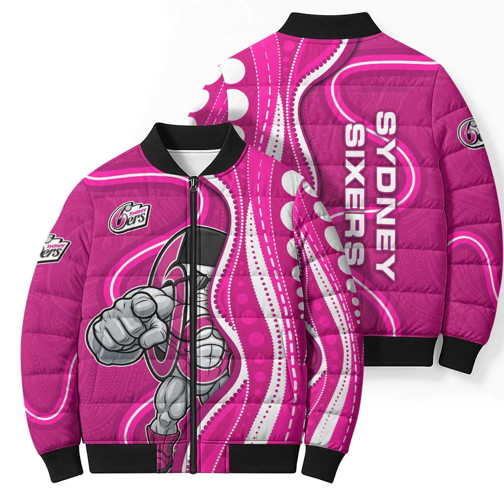 Sydney Sixers Bomber Puffer Jacket Aboriginal Dot Art Pink White - Tribal Wave Pattern