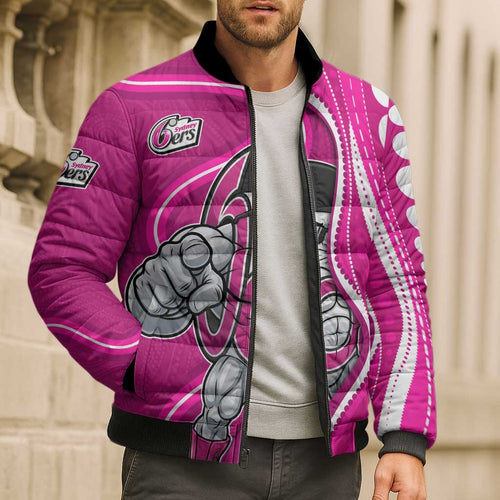 Sydney Sixers Bomber Puffer Jacket Aboriginal Dot Art Pink White - Tribal Wave Pattern