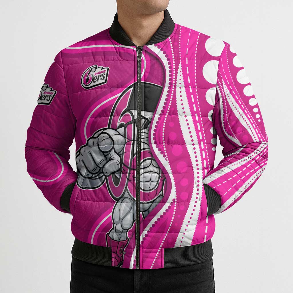 Sydney Sixers Bomber Puffer Jacket Aboriginal Dot Art Pink White - Tribal Wave Pattern